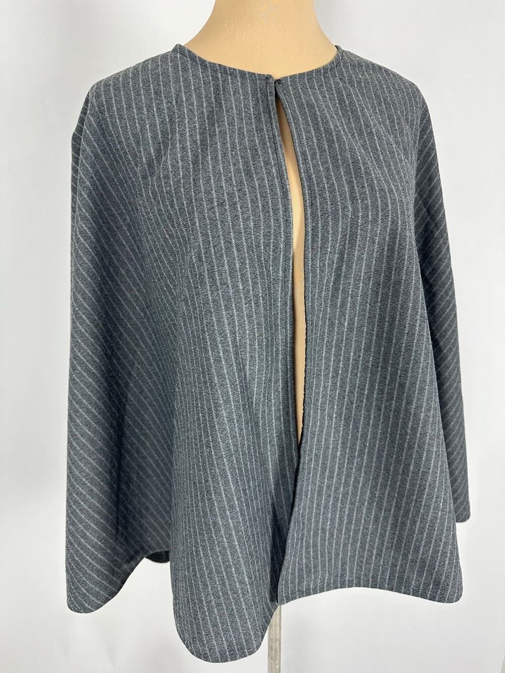 Vintage Gray Pinstripe Wool Blend Cape Coat Poncho Retro S M L One Size OSFM